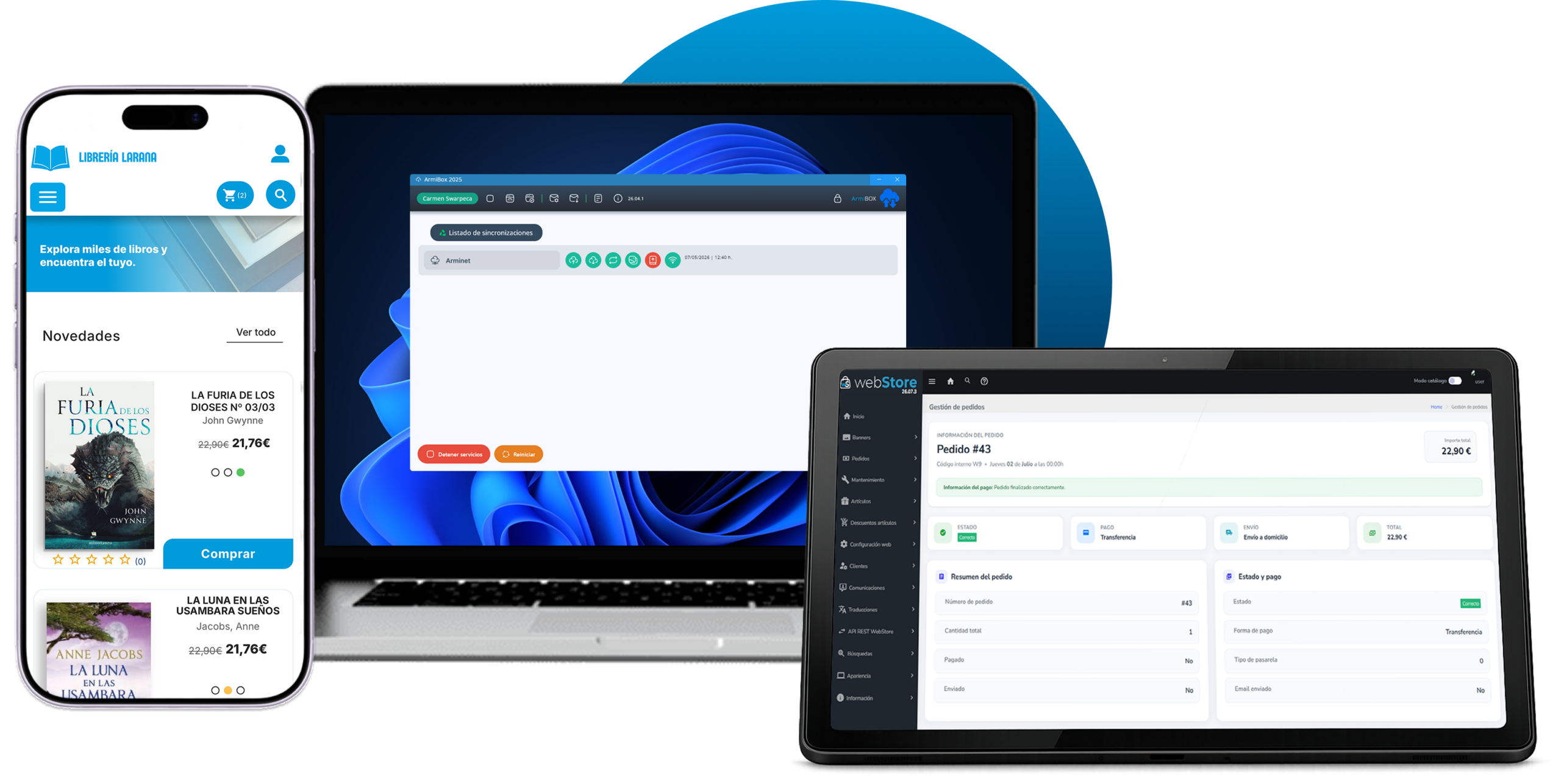 Gestión de webstore vista desde móvil, ordenador y tablet
